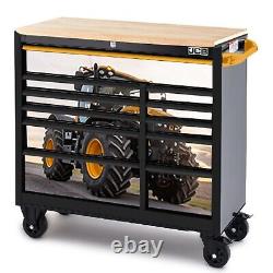 Cabinet à outils JCB 42'' avec rouleau, 11 tiroirs, en acier avec plan de travail en bois dur