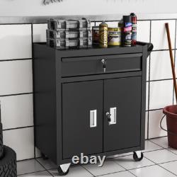 Cabinet à outils à 2 portes avec grand tiroir, roulettes, support à outils, chariot d'entrepôt