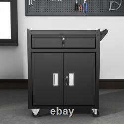 Cabinet à outils à 2 portes avec grand tiroir, roulettes, support à outils, chariot d'entrepôt