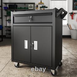 Cabinet à outils à 2 portes avec grand tiroir, roulettes, support à outils, chariot d'entrepôt