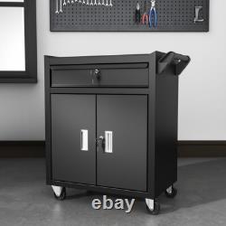 Cabinet à outils à 2 portes avec grand tiroir, roulettes, support à outils, chariot d'entrepôt