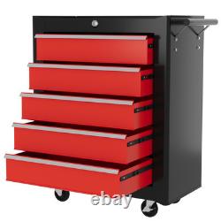 Cabinet à outils à roulettes en acier avec 5 tiroirs, coffre à outils verrouillable, rangement d'outils, roues, rouge