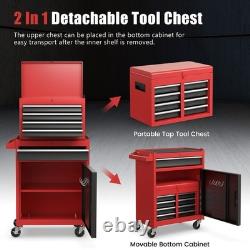 Cabinet à outils roulant 2 en 1 avec 5 tiroirs et 4 roulettes Rouge Noir