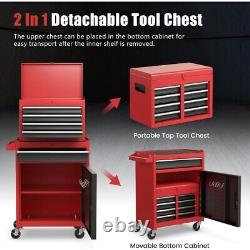 Cabinet à outils roulant robuste à 5 tiroirs avec boîte à outils détachable, système de verrouillage