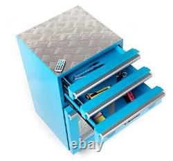 Cabinet à outils sur roulettes avec réfrigérateur intégré, 3 tiroirs et radio en bleu