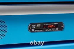 Cabinet à outils sur roulettes avec réfrigérateur intégré, 3 tiroirs et radio en bleu