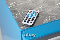 Cabinet à outils sur roulettes avec réfrigérateur intégré, 3 tiroirs et radio en bleu