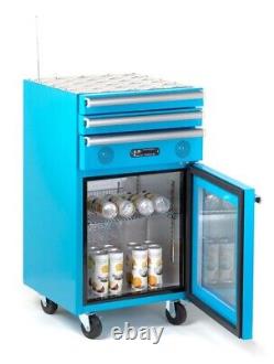 Cabinet à outils sur roulettes avec réfrigérateur intégré, 3 tiroirs et radio en bleu