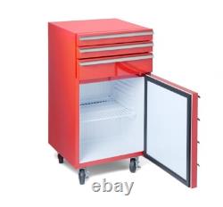 Cabinet à outils sur roulettes avec réfrigérateur intégré et 3 tiroirs en rouge