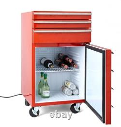 Cabinet à outils sur roulettes avec réfrigérateur intégré et 3 tiroirs en rouge Cabinet à outils sur roulettes avec réfrigérateur intégré et 3 tiroirs en rouge