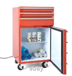 Cabinet à outils sur roulettes avec réfrigérateur intégré et 3 tiroirs en rouge