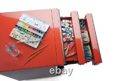 Cabinet à outils sur roulettes avec réfrigérateur intégré et 3 tiroirs en rouge Cabinet à outils sur roulettes avec réfrigérateur intégré et 3 tiroirs en rouge