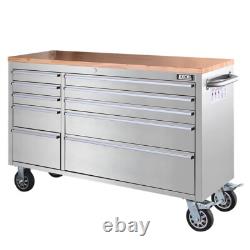 Cabinet à outils sur roulettes en acier inoxydable à 10 tiroirs avec plan de travail