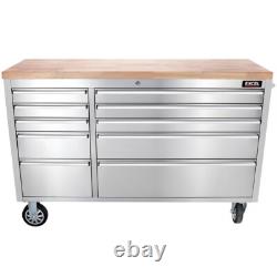 Cabinet à outils sur roulettes en acier inoxydable à 10 tiroirs avec plan de travail