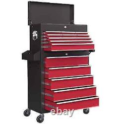 Cabinet à roulettes en métal verrouillable avec 14 tiroirs, coffre à outils roulant rouge