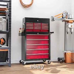 Cabinet à roulettes en métal verrouillable avec 14 tiroirs, coffre à outils roulant rouge