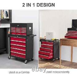 Cabinet à roulettes en métal verrouillable avec 14 tiroirs, coffre à outils roulant rouge