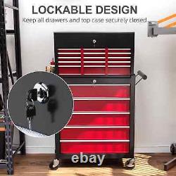Cabinet à roulettes en métal verrouillable avec 14 tiroirs, coffre à outils roulant rouge