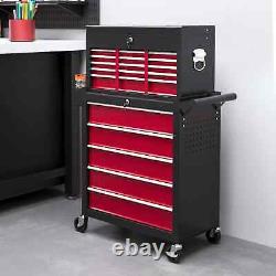 Cabinet à roulettes en métal verrouillable avec 14 tiroirs, coffre à outils roulant rouge