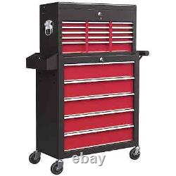 Cabinet à roulettes en métal verrouillable avec 14 tiroirs, coffre à outils roulant rouge