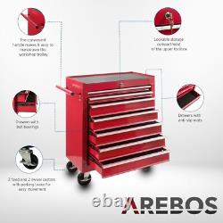 Cabinet de rangement AREBOS avec roulettes, boîte à outils à 7 tiroirs, chariot rouge