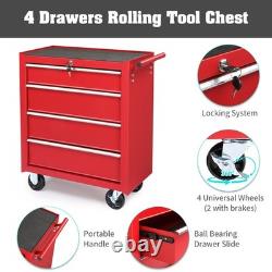 Chariot à outils à roulettes avec 4 tiroirs, boîte à outils robuste pour garage ROUGE