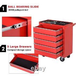 Chariot à outils avec 5 tiroirs, armoire verrouillable de rangement pour garage, organisateur d'outils rouge.