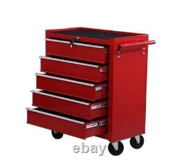 Chariot à outils en acier avec 5 tiroirs, coffre à outils roulant sur roues, rouge
