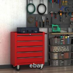 Chariot à outils en acier avec 5 tiroirs, coffre à outils roulant sur roues, rouge