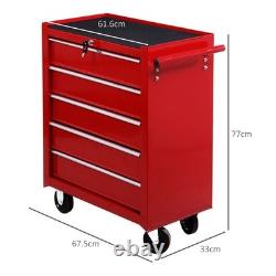 Chariot à outils en acier avec 5 tiroirs, coffre à outils roulant sur roues, rouge