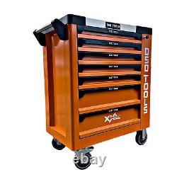 Chariot à outils orange à roulettes avec 6 tiroirs et rangement