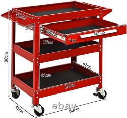 Chariot à outils rouge à 3 niveaux avec tiroir et 4 roulettes pivotantes