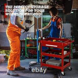 Chariot à outils rouge à 3 niveaux avec tiroir et 4 roulettes pivotantes