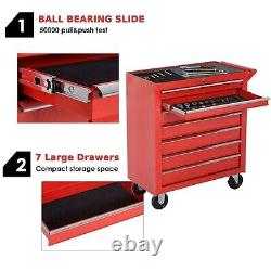 Chariot d'atelier pour mécaniciens avec 7 tiroirs de rangement pour outils, armoire et coffre de garage.