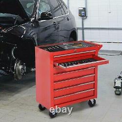 Chariot d'atelier pour mécaniciens avec 7 tiroirs de rangement pour outils, armoire et coffre de garage.