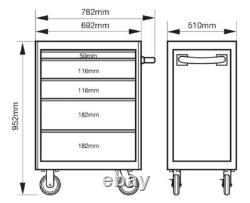 Chariot de rangement à outils lourd avec 5 tiroirs, 952 mm x 782 mm x 510 mm, 1472K5