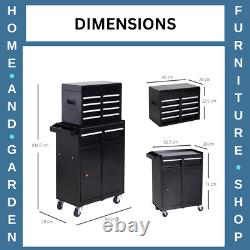 Coffre à outils 2 en 1 Boîte de rangement avec 4 roues, tiroirs et panneau perforé Noir