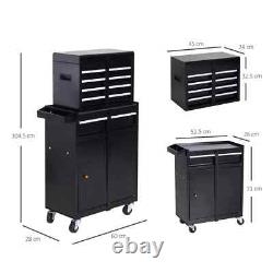 Coffre à outils 2 en 1 Boîte de rangement avec 4 roues, tiroirs et panneau perforé Noir