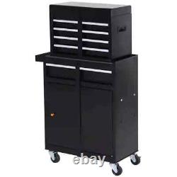 Coffre à outils 2 en 1 Boîte de rangement avec 4 roues, tiroirs et panneau perforé Noir