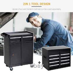 Coffre à outils 2 en 1 Boîte de rangement avec 4 roues, tiroirs et panneau perforé Noir