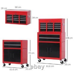 Coffre à outils HOMCOM, armoire à outils en métal sur roulettes avec 6 tiroirs, panneau perforé, dessus