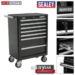 Coffre à outils Sealey noir, armoire à roulettes, 7 tiroirs avec glissières à roulements à billes
