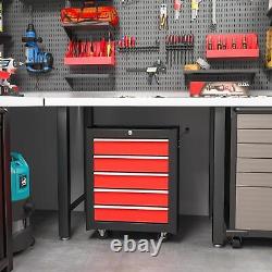 Coffre à outils à 5 tiroirs HOMCOM en acier, armoire de rangement verrouillable avec roues, rouge