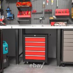 Coffre à outils à rouleaux 5 tiroirs en acier avec serrure, armoire de rangement à outils sur roulettes, rouge