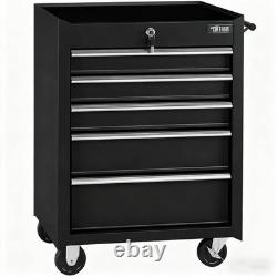 Coffre à outils à roulettes avec 5 tiroirs pour garage et atelier, avec serrure, noir