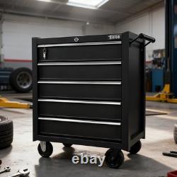 Coffre à outils à roulettes avec 5 tiroirs pour garage et atelier, avec serrure, noir