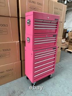 Coffre à outils à roulettes en acier 16 tiroirs rose 3 pièces Us Pro Tools
