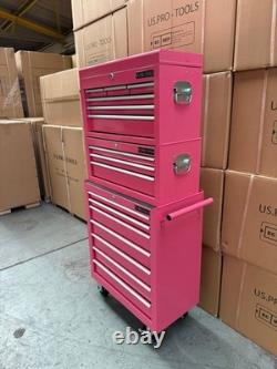 Coffre à outils à roulettes en acier 16 tiroirs rose 3 pièces Us Pro Tools