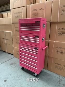Coffre à outils à roulettes en acier 16 tiroirs rose 3 pièces Us Pro Tools