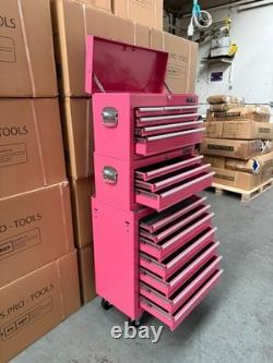 Coffre à outils à roulettes en acier 16 tiroirs rose 3 pièces Us Pro Tools